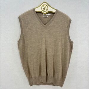 Peter Millar Merino Wool Sweater Vest LARGE Tan V Neck Knit Pullover Layering